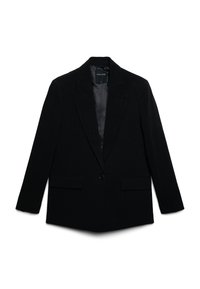 Schwarze Blazer aus strukturiertem Stoff mit einem dezenten Nadelstreifenmuster. Verfügt über einen einzelnen Knopfverschluss und zwei Fronttaschen.