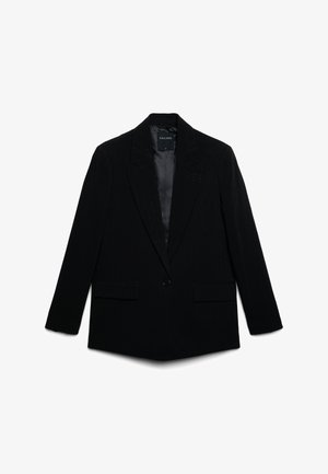 Schwarze Blazer aus strukturiertem Stoff mit einem dezenten Nadelstreifenmuster. Verfügt über einen einzelnen Knopfverschluss und zwei Fronttaschen.