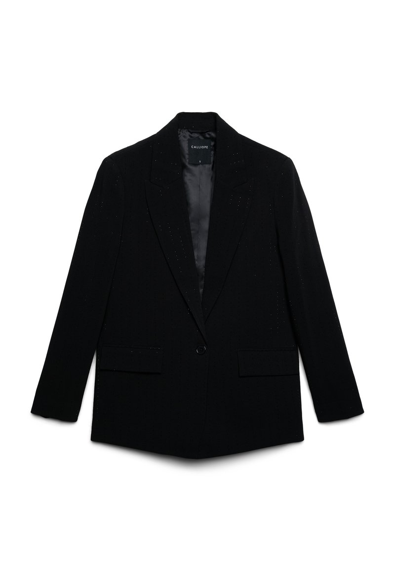 Schwarze Blazer aus strukturiertem Stoff mit einem dezenten Nadelstreifenmuster. Verfügt über einen einzelnen Knopfverschluss und zwei Fronttaschen.