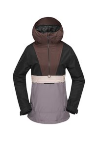Kapuzensh מדargestellte Jacke im Color-Blocking-Design in Braun, Schwarz, Hellcreme und Hellgrau. Hergestellt aus strukturiertem Stoff mit einem Frontreißverschluss und Taschen.