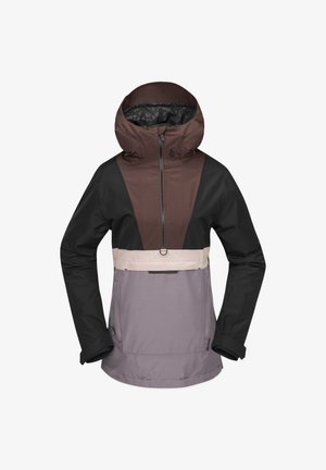 Hooded jacket featuring a color-blocked design in brown, black, light cream, and light gray. Made of textured fabric with a front zipper and pockets.