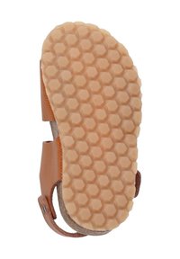 Braune Leder-Sandale mit einer strukturierten Wabenmuster-Sohle. Verfügt über einen Riemen an der Seite und abgerundete Kanten für Komfort.