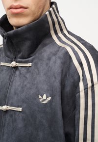 Κοντινό πλάνο ενός ατόμου που φοράει σκούρο γκρι μπουφάν Adidas με μπεζ ρίγες στον ώμο και το λογότυπο τριφύλλι της Adidas στο στήθος.