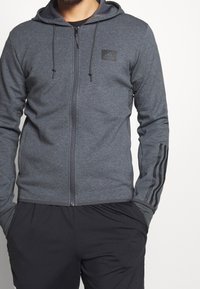 Grauer Sweatshirt mit Reißverschluss, Kapuze und schwarzem Logo. Verfügt über dunkle Streifenakzente an den Ärmeln und einen glatten, strukturierten Stoff.