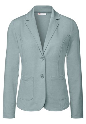 Light blue blazer featuring a notched collar, single button closure, two front pockets, and smooth fabric texture.