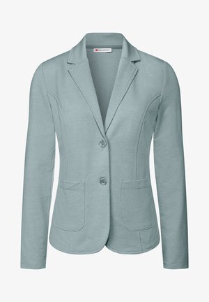 Helles blaues Blazer mit Reverskragen, einer einzelnen Knopfverschluss, zwei vorderen Taschen und glatter Stofftextur.