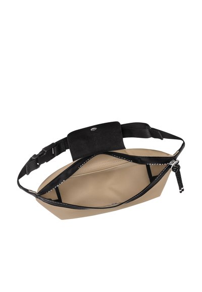 Beige nylon waist bag with a black adjustable strap, featuring a zip closure and a textured black panel at the back.