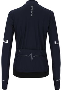Giacca sportiva a maniche lunghe di colore blu navy con colletto alto, polsini elasticizzati e grafica del battito cardiaco sul retro. Presenta una tasca posteriore per riporre oggetti.