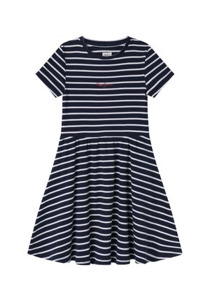 Gestreiftes Kleid in Marineblau und Weiß, kurze Ärmel, taillierter Oberkörper, ausgestellter Rock, geripptes Material, rot gesticktes Logo auf der Brust.