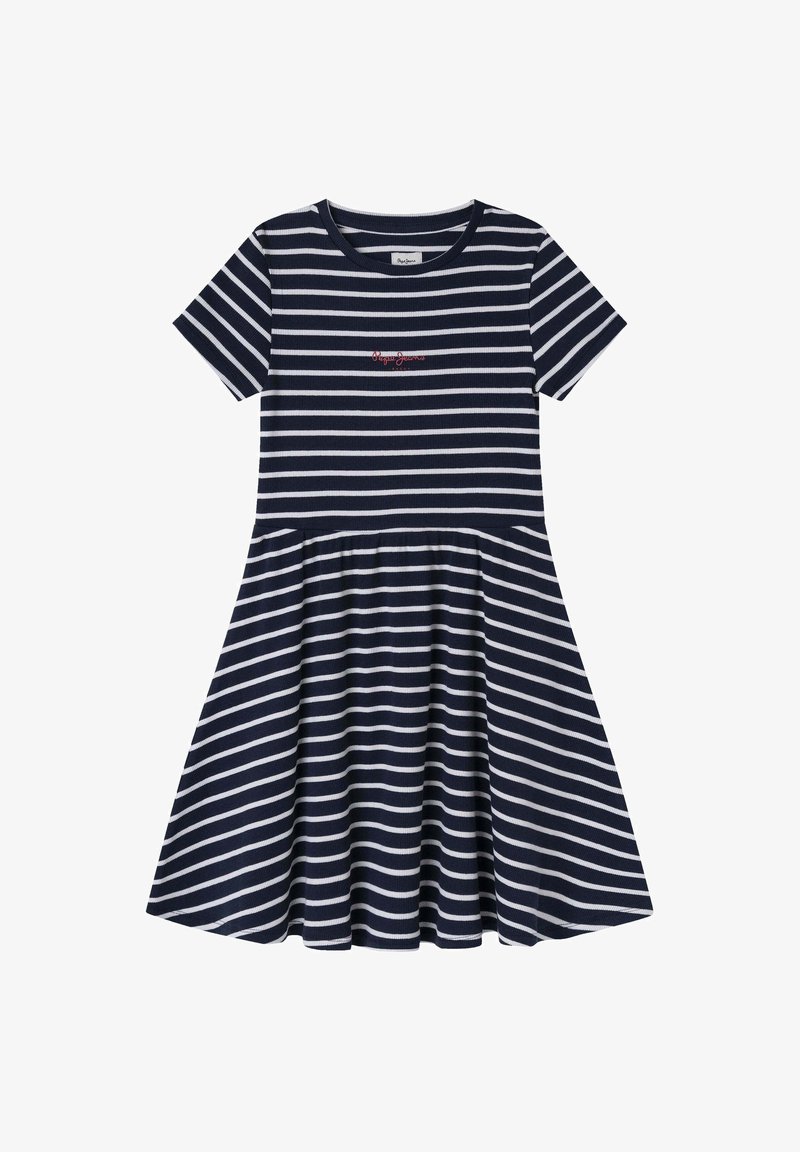 Haljina sa prugama u mornarsko plavoj i bijeloj boji, kratki rukavi, uska kosa, raširena suknja, rebrasta tkanina, izvezeni logo u crvenoj boji na prsima.