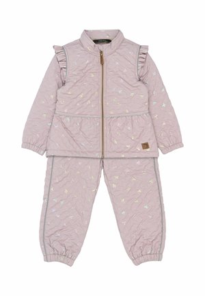 Quilted pink jacket and pants set with ruffle detail, featuring iridescent patterns and a zip closure; elastic cuffs on pants.