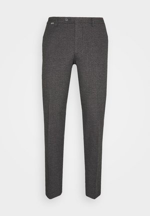 Dunkelgraue Slim-Fit-Hose mit dezentem Karomuster, vorne mit Knopf und Gürtelschlaufen, vor weißem Hintergrund.