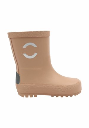 Tan rubber rain boot with a matte finish, a textured sole, and a reflective logo feature. Smooth shape with a mid-calf height.