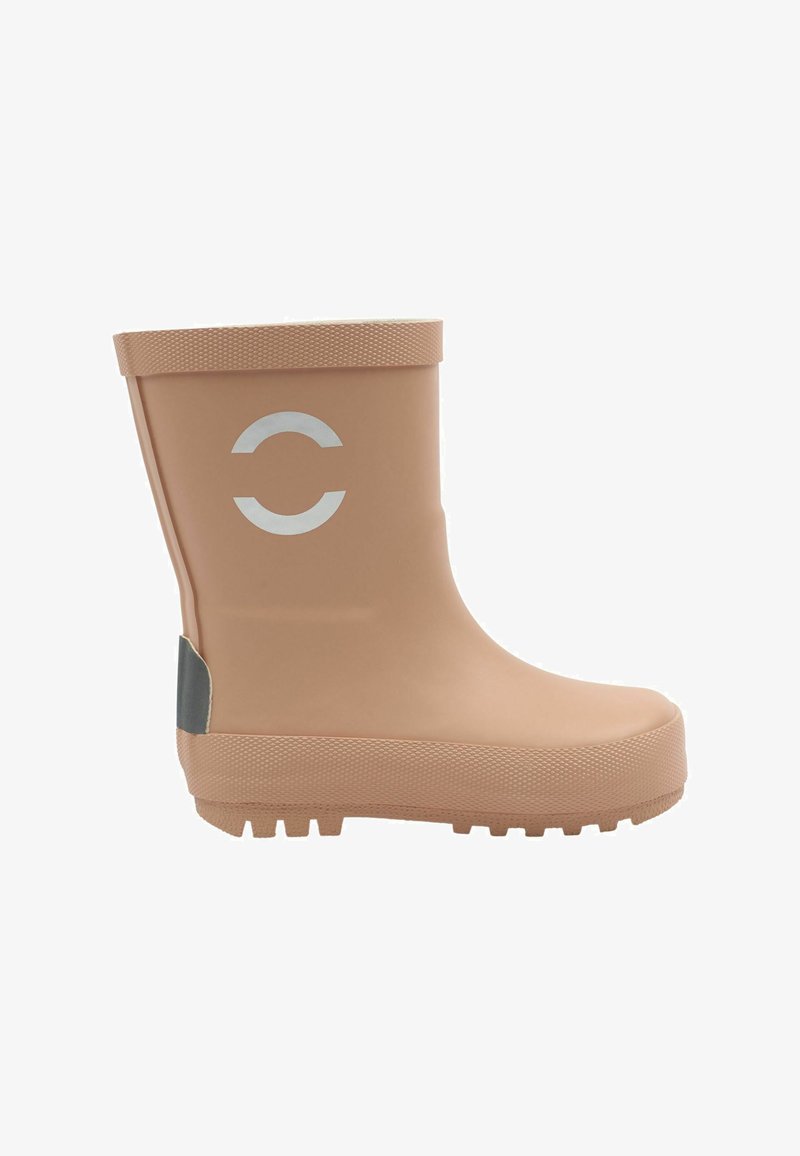 Tan rubber rain boot with a matte finish, a textured sole, and a reflective logo feature. Smooth shape with a mid-calf height.