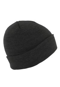 Knitted beanie hat in dark grey, with a ribbed texture and rolled cuff design. Made from a soft, stretchy fabric for warmth.