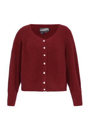 Cardigan bordeaux côtelé à manches longues, avec un décolleté en V et des boutons en forme de perles sur le devant. Texture douce et coupe cropped.