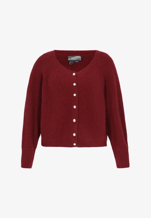 Burgunderfarbener gerippter Cardigan mit langen Ärmeln, V-Ausschnitt und perlähnlichen Knöpfen vorne. Weicher Stoff und cropped Schnitt.