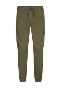 Olivengrønne cargo bukser med elastic waistband, snorelukning og flere sidelommer til opbevaring; lavet af åndbart stof.