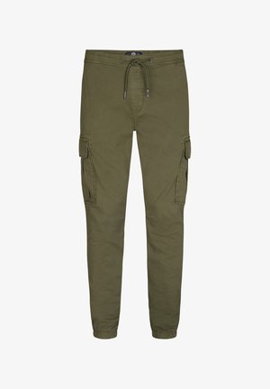 Pantaloni cargo verde măsliniu cu talie elastică, închidere cu șnur și mai multe buzunare laterale pentru depozitare; confecționați dintr-un material respirabil.