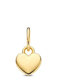 Hartvormige gouden hanger met een glad oppervlak, voorzien van een kleine lus bovenaan voor bevestiging. Reflecterende afwerking en afgeronde randen.