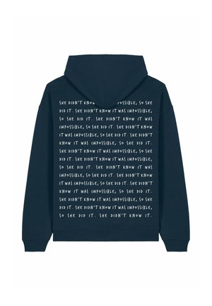 Hooded sweatshirt in navy fabric featuring white text repeated on the back. Design includes a relaxed fit and ribbed cuffs.