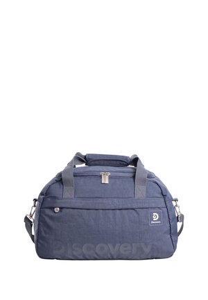 Navy blue soft fabric duffel bag with double zipper, front pocket, short handles, and adjustable shoulder strap, branded "Discovery" logo.