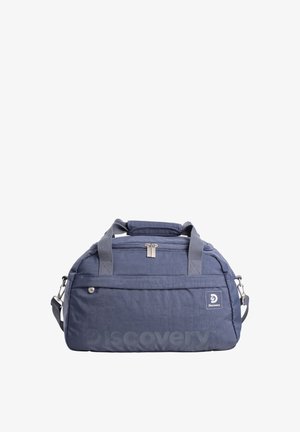 Marineblaue Reisetasche aus weichem Stoff mit Doppelreißverschluss, Fronttasche, kurzen Griffen und verstellbarem Schulterriemen, gebrandet mit "Discovery"-Logo.