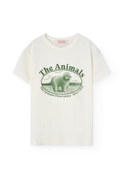Bavlněné tričko krémové barvy, s grafikou zelené ovce a textem "The Animals Observatory" v kulatém rámu. Krátké rukávy.