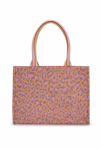 Sac fourre-tout en imprimé léopard aux nuances de rose et d'orange. Tissu robuste avec double poignée supérieure et accents de couleur contrastante. Forme carrée.