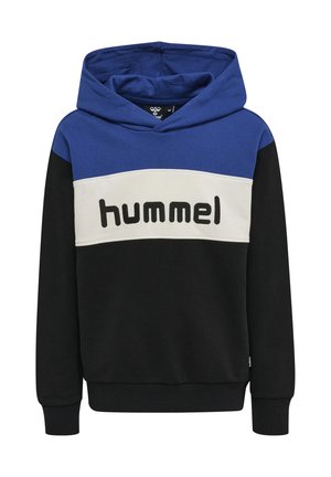 Bluza z kapturem z niebieską górą, białym środkowym fragmentem z napisem "hummel" oraz czarnymi długimi rękawami i dolną częścią.