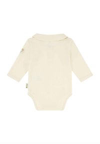 Cream-colored long-sleeve bodysuit with a classic collar, snap closure at the bottom, and a lapel detail on the left sleeve.