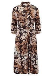Abito camicia midi con stampa di foglie tropicali marroni e beige, maniche lunghe, apertura con bottoni, colletto e cintura coordinata in tessuto in vita.