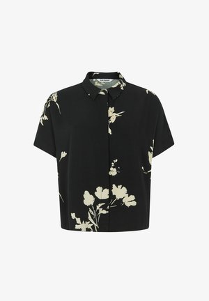 Schwarzes kurzärmeliges Hemd mit einem zarten Blumenmuster, Kragen, durchgehender Knopfleiste und lockerer Passform. Weicher, leichter Stoff.