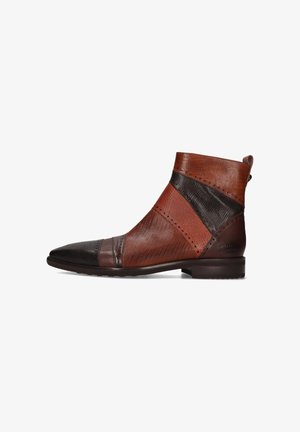 Leder-Achselstiefel mit spitzem Zeh, braunen und dunkelbraunen, strukturierten Paneelen sowie einem niedrigen Blockabsatz und einem Zugtab.