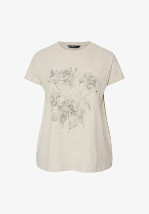 Beige lyhythihainen t-paita, jossa on hillitty harmaa ruusu- ja lehtikuvio, koristeltu pienillä pisteillä edessä.