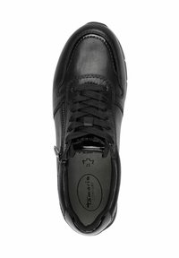 Sneaker in pelle nera con lacci frontali e dettaglio con zip. Presenta un colletto imbottito e una soletta texturizzata per il comfort. Taglia 37.