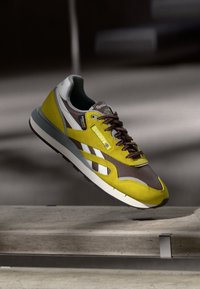 Gul och brun sneaker med ovandel i mesh och mocka, vita inslag, bruna snörningar, tjock sål och logodetaljer på sidan.