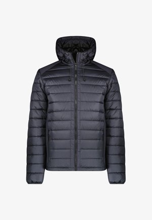 Donsjack in donkerblauw met ritssluiting, verstelbare capuchon en gewatteerd ontwerp. Bevat zijzakken en elastische manchetten.