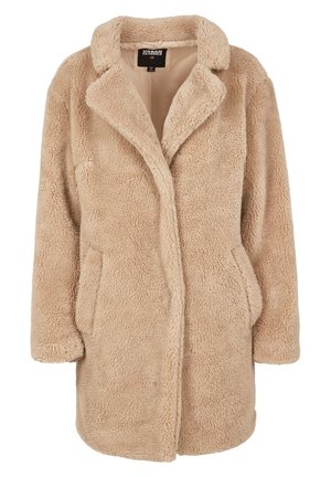 Bež faux fur mantel kraega, pikkade varrukatega ja küljetaskutega. Pehme tekstuur rikkaliku viimistlusega ning avatud esiküljega disain.