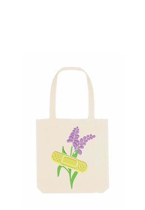 Leinwand-Tragetasche mit einem gelben Pflaster und lila Lavendelblumen, die auf einem cremfarbenen Hintergrund gestickt sind.