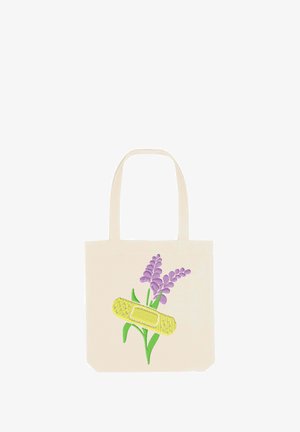 Borsa in tela con un cerotto giallo e fiori di lavanda viola ricamati su uno sfondo color crema.