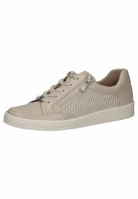 Sneaker in pelle beige con pannello laterale testurizzato, chiusura con lacci e zip laterale. Presenta una suola in gomma bianca con dettagli a righe.