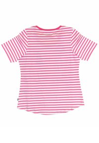 Korte mouw t-shirt in wit en roze horizontale strepen, met een ronde hals, zachte stof en een gebogen zoom. Etikett aan de zijkant.