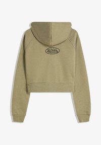 Korte hoodie van licht olijfgroen stof. Heeft een capuchon met trekkoord en een geborduurd "Von Dutch" logo op de achterkant. Zachte textuur.