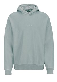 Sweatshirt à capuche bleu clair, manches longues avec poignets côtelés, présentant un petit texte "YPS" centré sur la poitrine.
