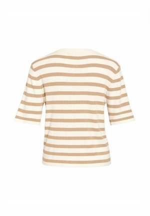 Beige en wit horizontaal gestreept geribd gebreid topje met korte mouwen, van achteren gezien.