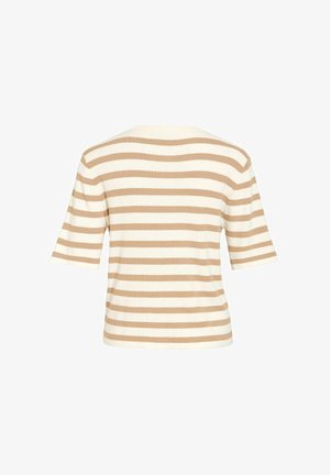 Beige en wit horizontaal gestreept geribd gebreid topje met korte mouwen, van achteren gezien.