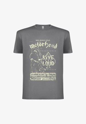 Grå bomulds-T-shirt med vintage tryk af en guitarist med teksten: "Motorhead Live and Loud, Hammersmith Odeon, 22.11.1990."
