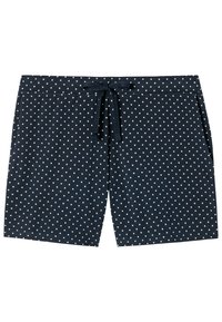Mörkblå shorts med vita prickar, med dragsko i midjan, två sidofickor och en mjuk, slät textur.