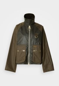 Waxed cotton jacket in dark green and brown, featuring a high collar, zip closure, two front pockets, and gold-tone hardware accents.